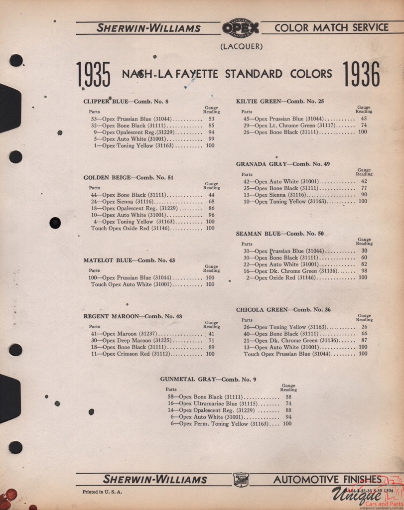 1936 Nash Paint Charts Williams 2